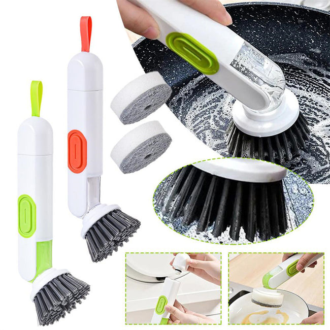 Multi-Functional Long-Handle Liquid-Filled Cleaning Brush Washing Up Brushes With Liquid Dispenser Two Replacement Heads For Kitchen Cleaning Brush Gadgets Hover Image