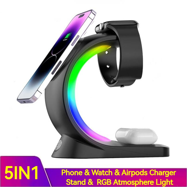 4 In 1 Magnetic Wireless Charger Fast Charging For Smart Phone Atmosphere Light Charging Station For Airpods Pro I-phone Watch Main Image
