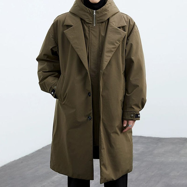 Men's False Two Pieces Hooded Mid-length Trench Coat Hover Image