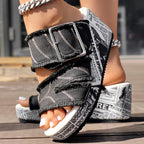 Newspaper Hem Platform Wedge Slides - Anklet Not Included