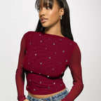 Long Sleeve Double-layer Mesh Rhinestone Fashion Women's Western Style Bottoming