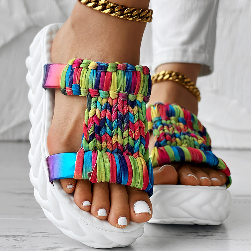Platform Sandals Summer Braided Knit Hollow Open Toe Slipper Sandals - Anklet Not Included