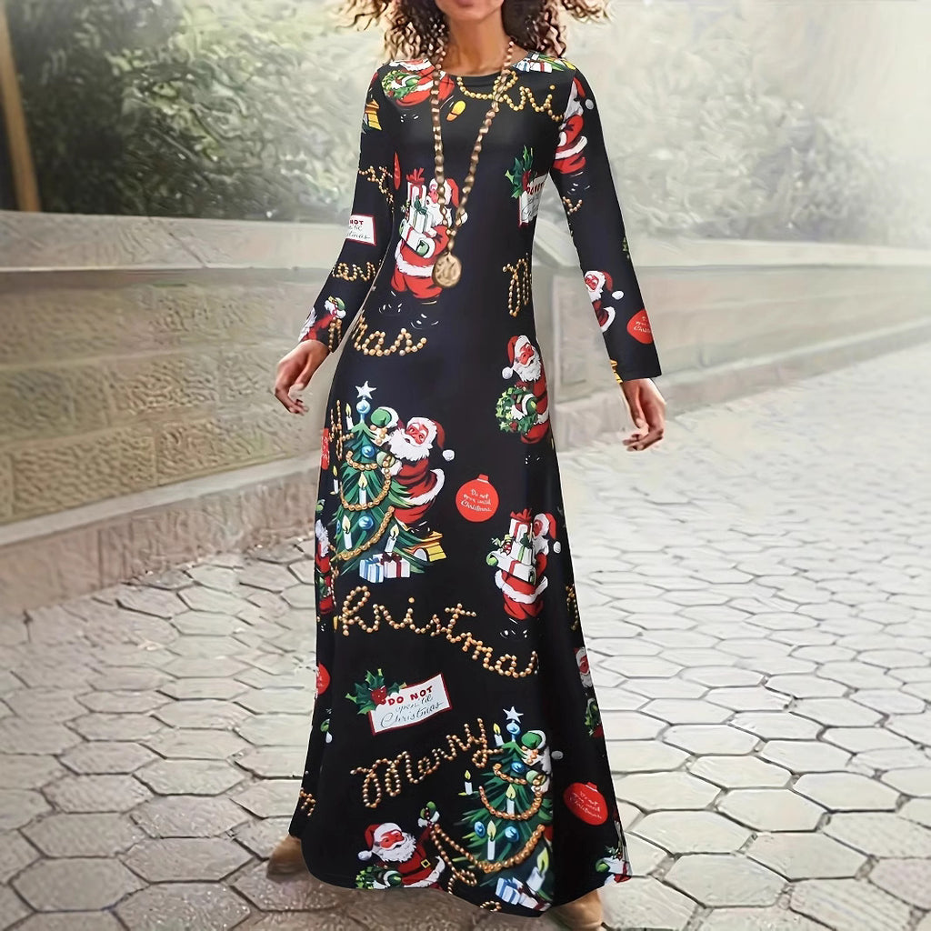 Santa Claus Printed Round Neck Long Sleeve Elegant Dress