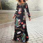 Santa Claus Printed Round Neck Long Sleeve Elegant Dress