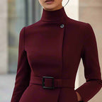 Women's Stand Collar Long Sleeve Dress, Elegant High Waist Belted Midi Dress, Slim Fit Office Formal Dress