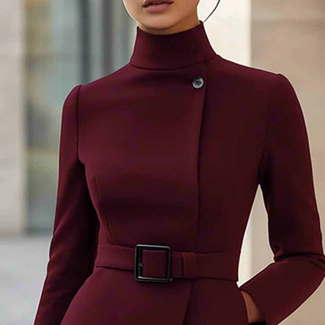 Women's Stand Collar Long Sleeve Dress, Elegant High Waist Belted Midi Dress, Slim Fit Office Formal Dress Main Image