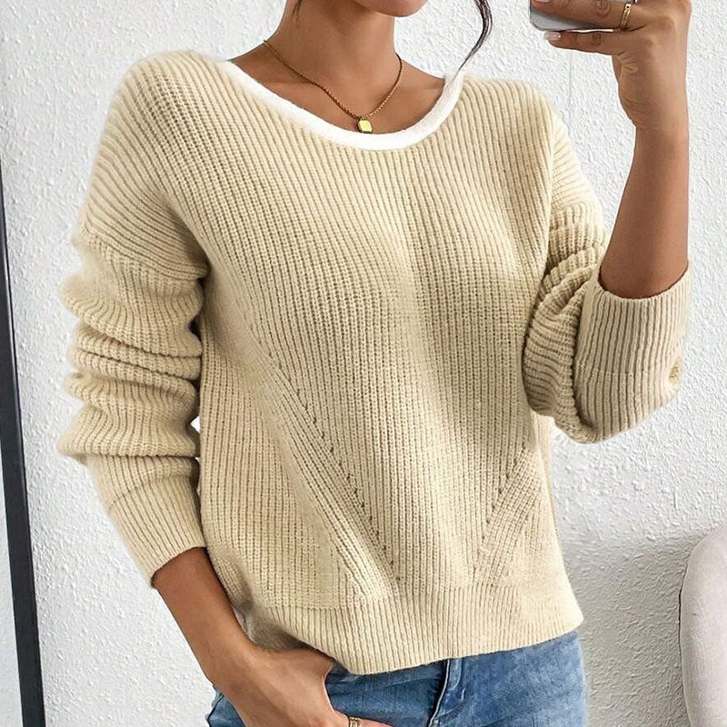Women's Bow Sweater Long Sleeve Top, Open Back Crew Neck Split Pullover, Fall Trendy Going Out Sweater