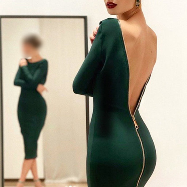 Women's Zipper Back Bodycon Dress, Sexy Cocktail Party Clubwear Midi Dress For Night Out Hover Image