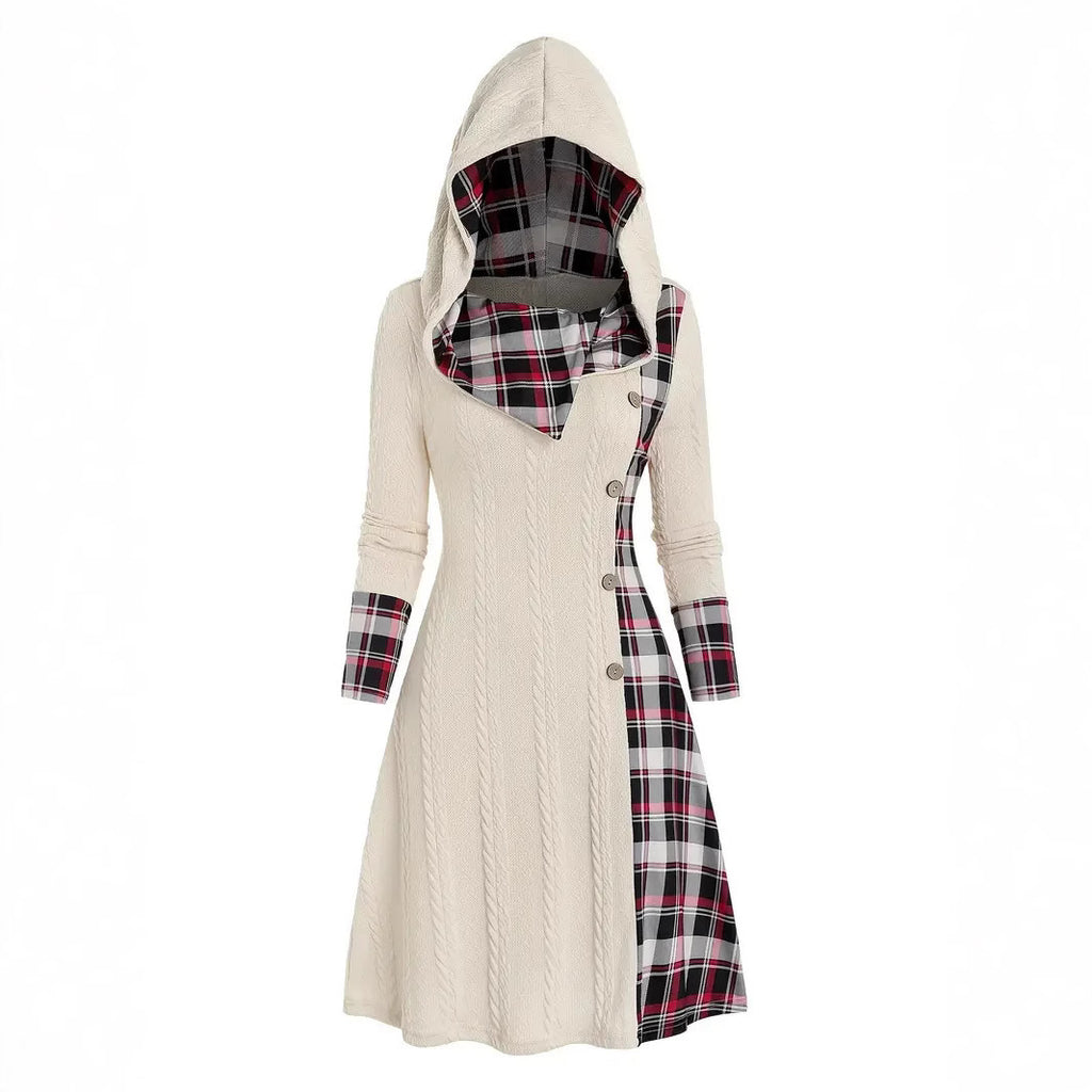 Women's Hooded Sunken Stripe Sweater Long Sleeve Leisure Pullover Dress