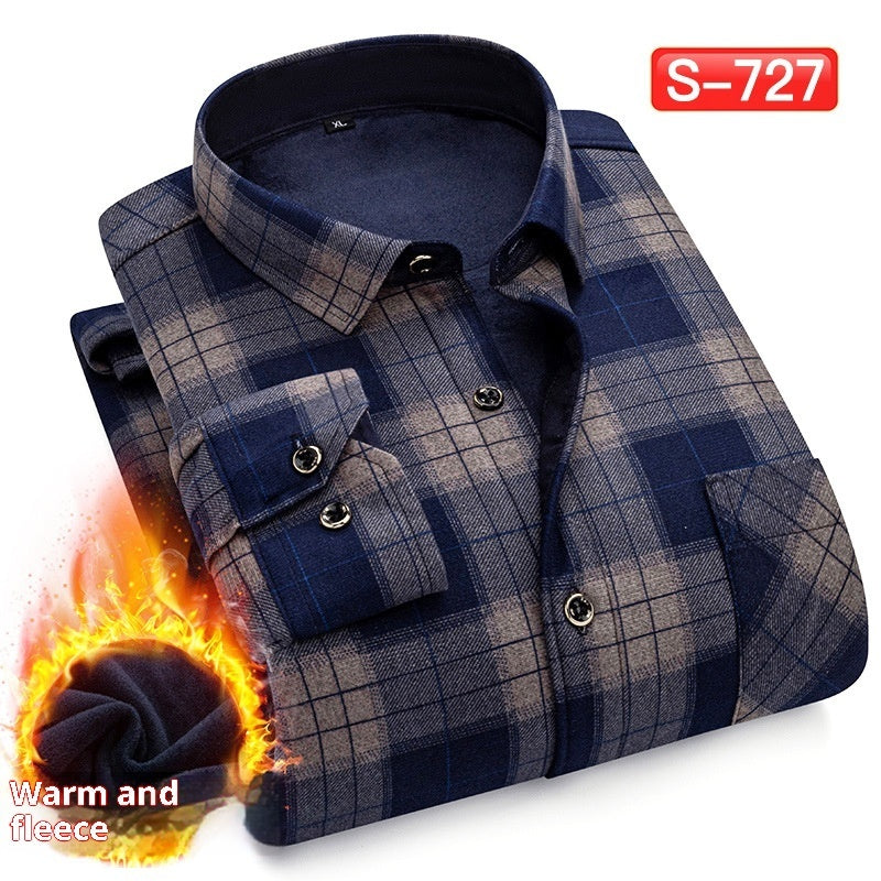 Autumn And Winter Warm Shirt Men's Long Sleeve Middle-aged Fleece Lined Padded Shirt