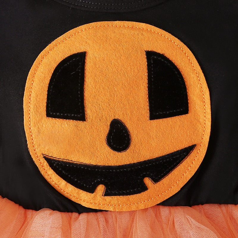 Short-sleeved Halloween Pumpkin Bat Printed Mesh Tulle Tutu Dress