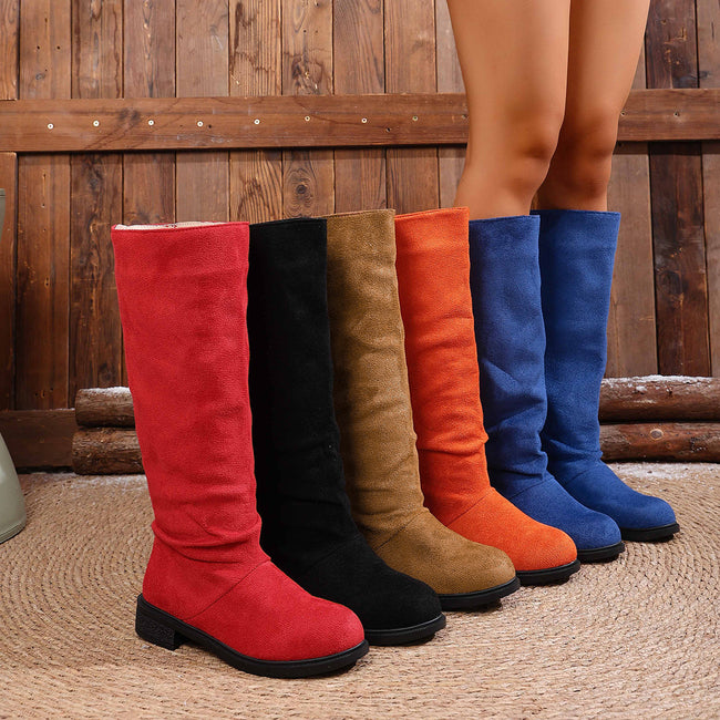 European And American Fashion Suede Sleeve High Leg Boot Low Heel Large Size Below The Knee Boots Hover Image