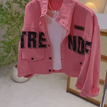 Womens Pink Denim Jacket With Stand Collar Frayed Edges