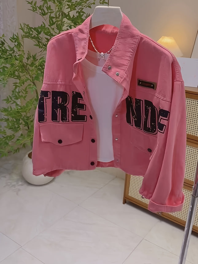 Womens Pink Denim Jacket With Stand Collar Frayed Edges