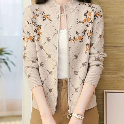 Autumn Winter Stand Collar Zipper Cardigan For Women