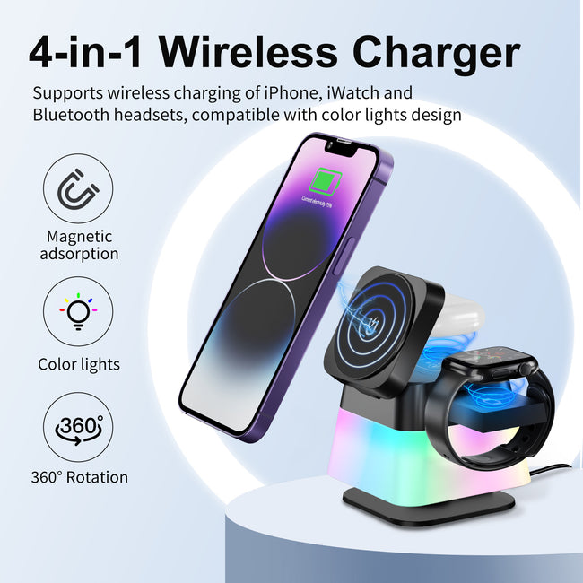 4 In 1 Rotatable Colorful Lighting Wireless Charger Stand For Phone 15 14 13 12 Pro Max 8 7 Holder Magnetic Fast Charging Station Hover Image
