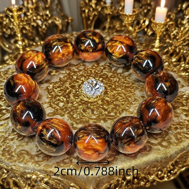 20mm Golden Amber Fossil Bead Bracelet Green Accents Unisex
