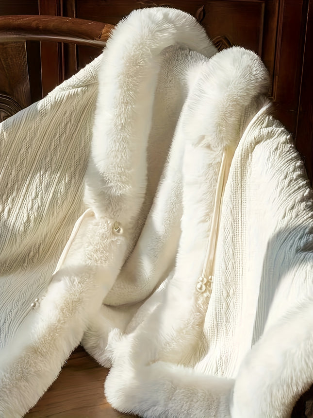 Elegant Plush Faux Fur Trim Cape Shawl Coat Winter Warmth