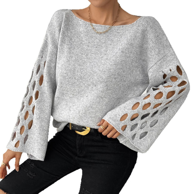 Women's Solid Color Round Neck Long Sleeve Hollow Sweater Main Image