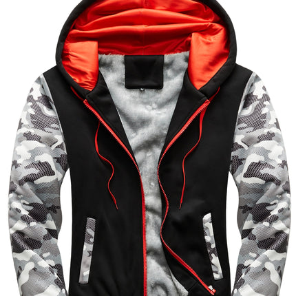 Mens Color Block Camouflage Fleece Jacket Hooded Zip Up