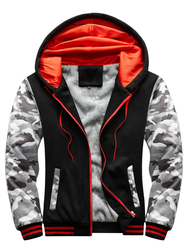 Mens Color Block Camouflage Fleece Jacket Hooded Zip Up