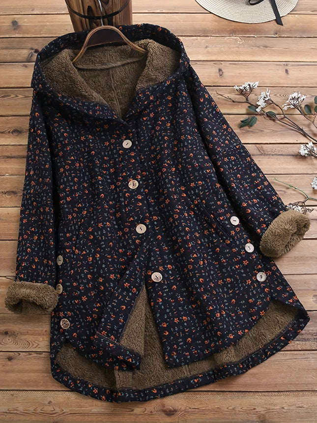 Vintage Floral Fleece Coat For Women Hooded Winter Jacket
