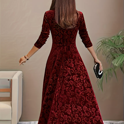 Floral Pattern Velvet Dress Square Neck Long Sleeve