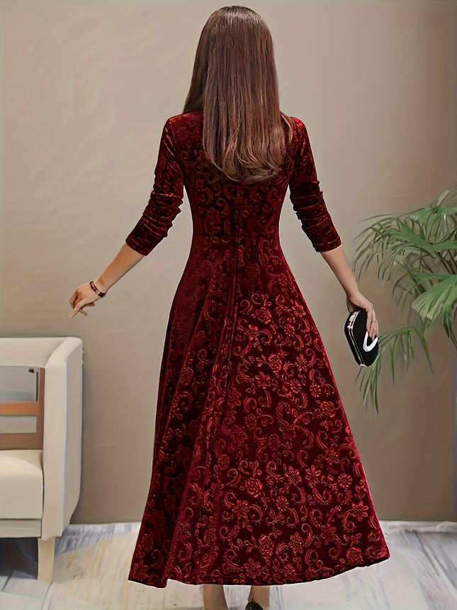 Floral Pattern Velvet Dress Square Neck Long Sleeve