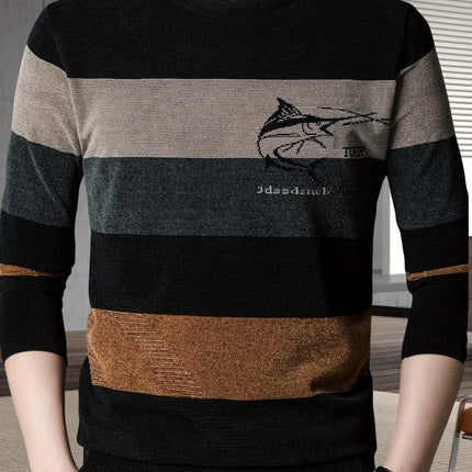Mens Shark Graphic Striped Knit Sweater Round Neck Casual