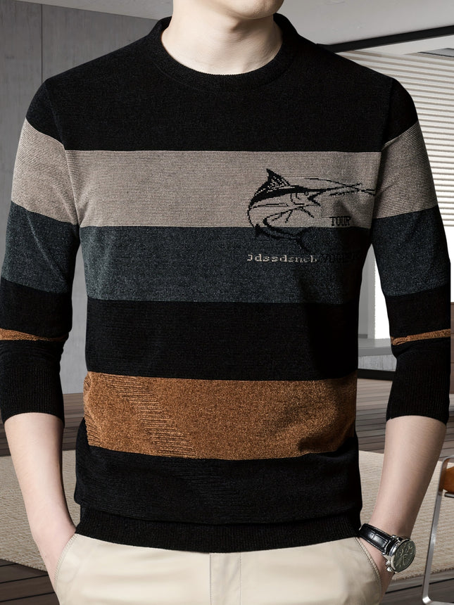 Mens Shark Graphic Striped Knit Sweater Round Neck Casual