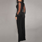 Women's Elegant V Neck Mesh Long Sleeve Loose Wide Leg Romper Party Jumpsuits With Rivet Cuffs
