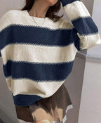Idle Style Striped Contrast Color Autumn Round Neck Pullover Dinified Sweater