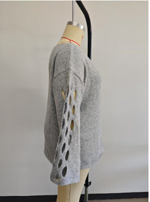 Women's Solid Color Round Neck Long Sleeve Hollow Sweater