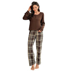 Plaid Pants Thread Top Button Pullover Set