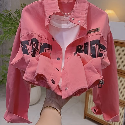 Womens Pink Denim Jacket With Stand Collar Frayed Edges