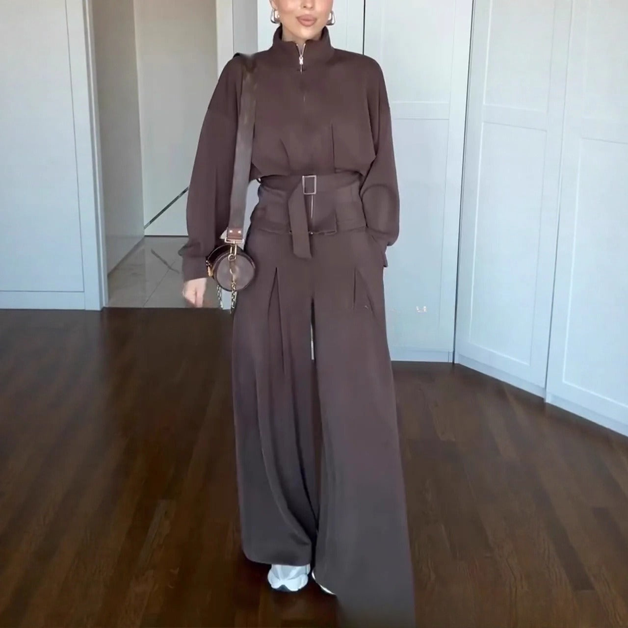 Casual Style Simple Fashion Graceful Stand Collar Zipper Jacket Pants Suit