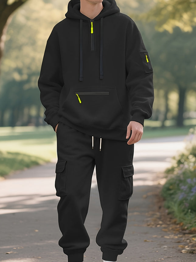 Mens Black Hooded Zip Up Sweatshirt And Joggers Set Pockets