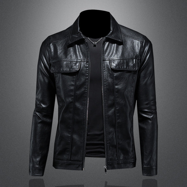 Men's Lapel Biker's Leather Jacket Slim Fit Hover Image