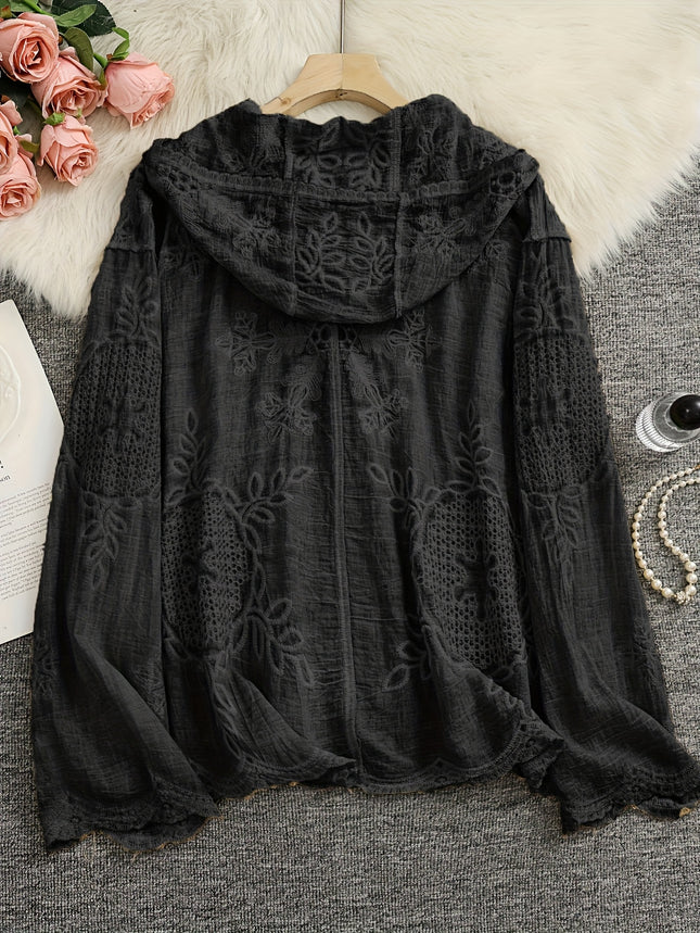 Ladies Lightweight Olive Green Embroidered Hooded Cardigan