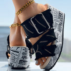 Newspaper Hem Platform Wedge Slides - Anklet Not Included