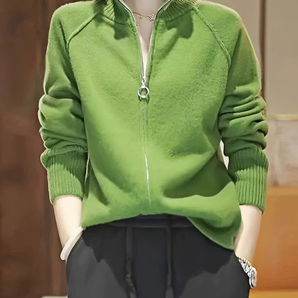 Womens Green Cardigan Casual Zip Up Sweater Stand Collar