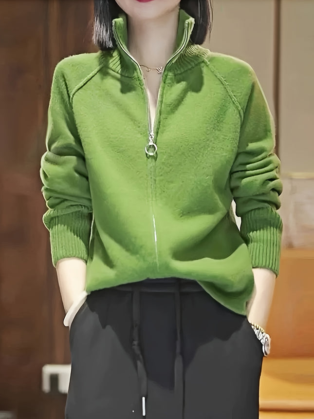 Womens Green Cardigan Casual Zip Up Sweater Stand Collar