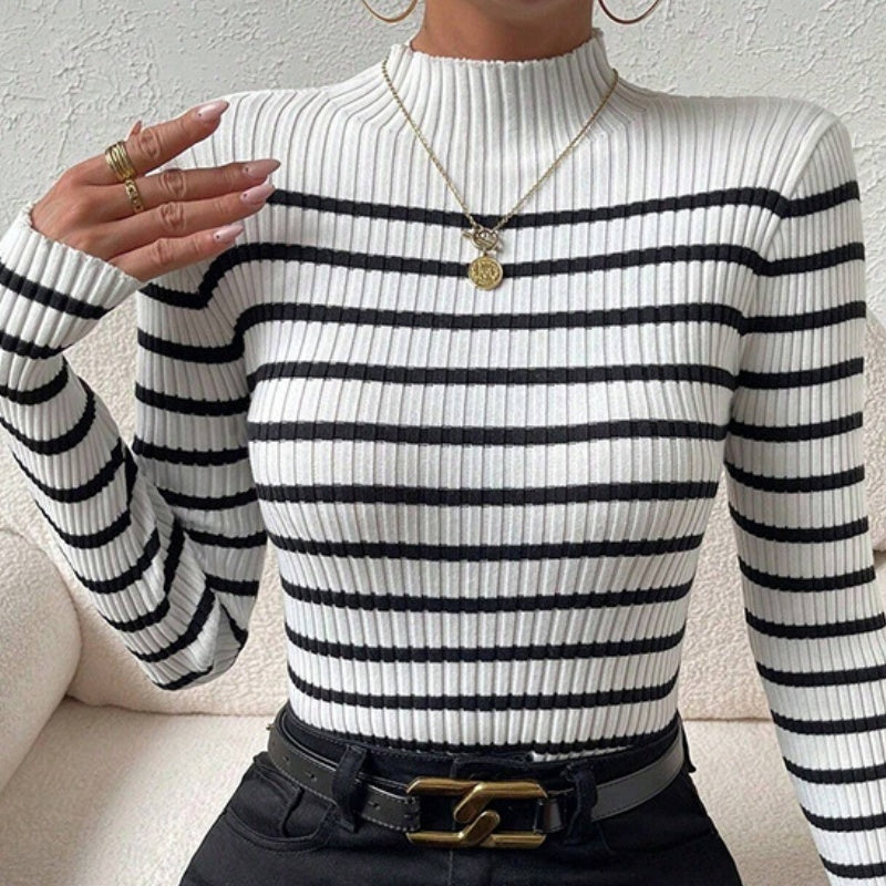 Fashion Long Sleeve Sunken Stripe Turtleneck Casual Slim Striped Sweater