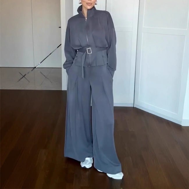 Casual Style Simple Fashion Graceful Stand Collar Zipper Jacket Pants Suit Hover Image