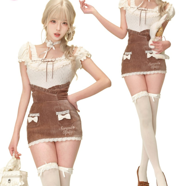 Apricot Knitted Top Brown Hip Skirt Shawl Hover Image