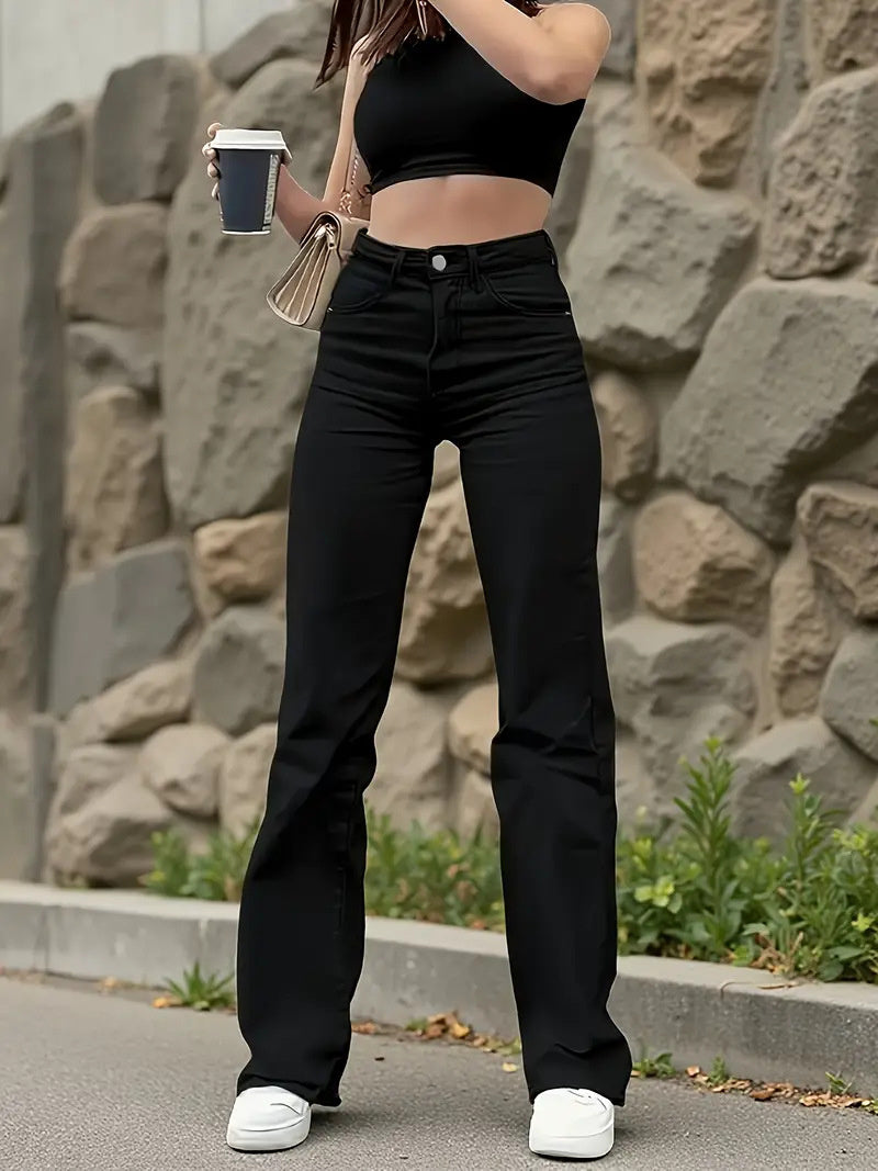 Black Wash Straight Stretch Casual Trousers