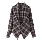 Women's Loose Lapels Waist-controlled Long Sleeves Plaid Shirt