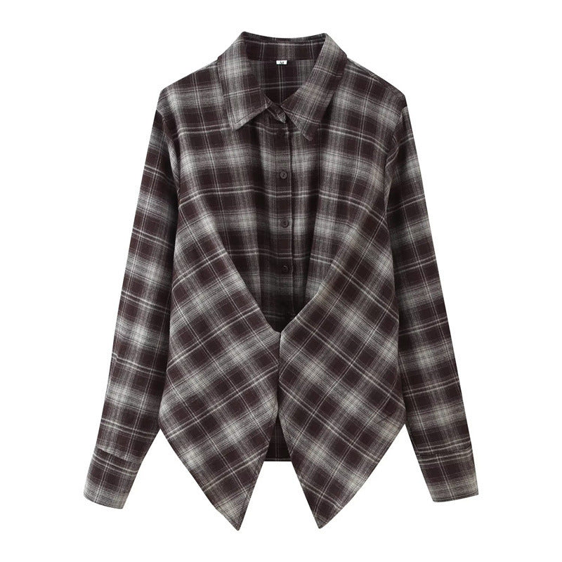 Women's Loose Lapels Waist-controlled Long Sleeves Plaid Shirt
