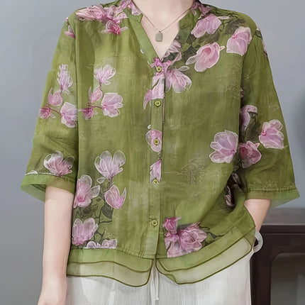 Womens Casual Floral Blouse Light Pink Purple Sleeve