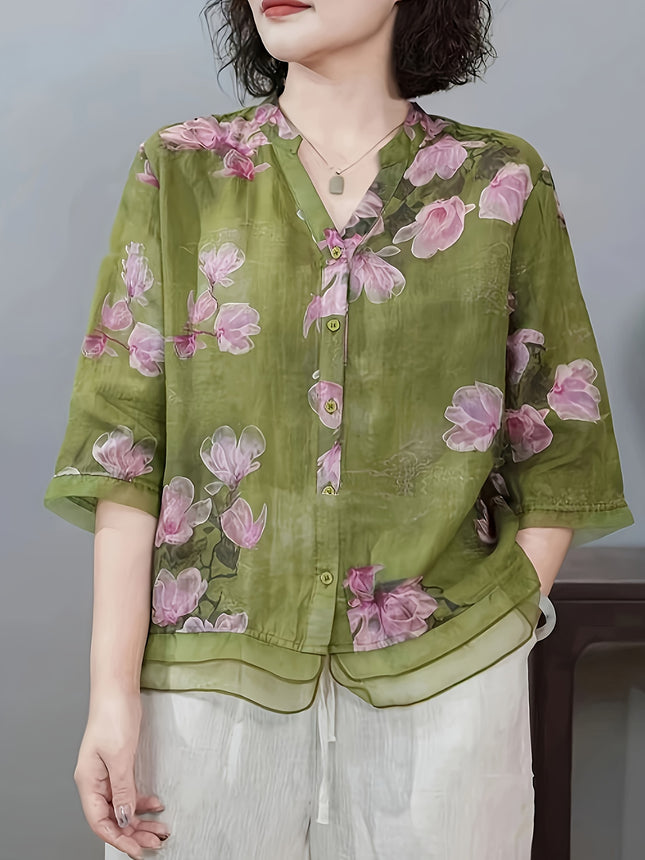Womens Casual Floral Blouse Light Pink Purple Sleeve